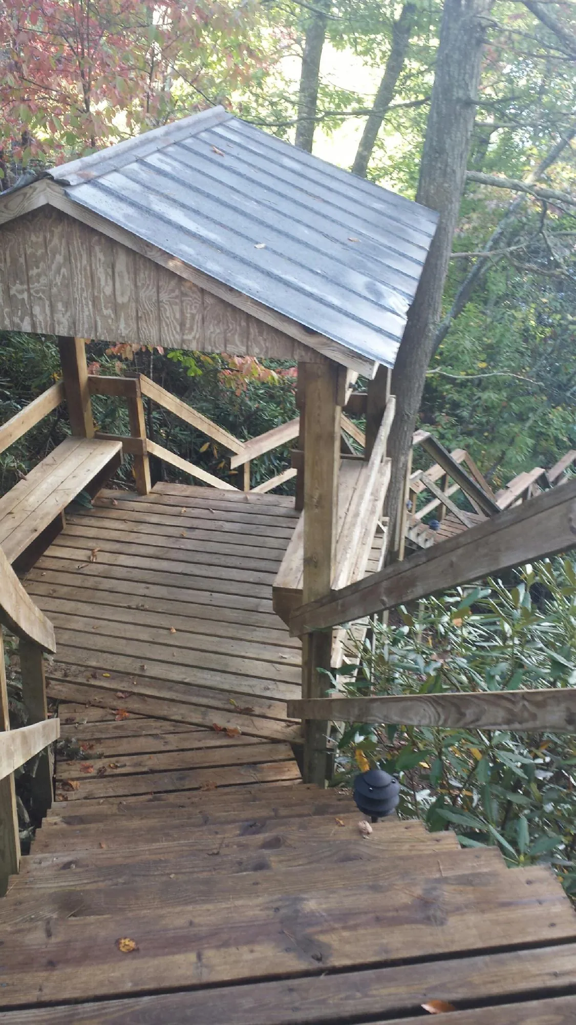 Metal roofed shelter over wooden steps on a wooded walkway — Skylight Repair & Installation work by our crew in Wilmont